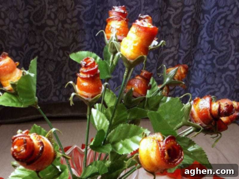 A beautiful bouquet of freshly assembled candied bacon roses, showcasing the unique and delicious Valentine's Day gift.