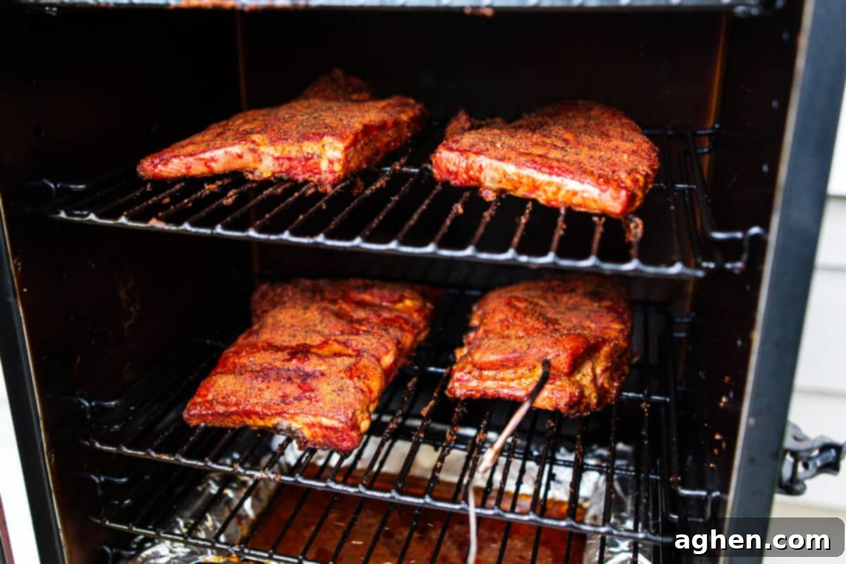 cooked spare ribs inside vertical pit boss smoker