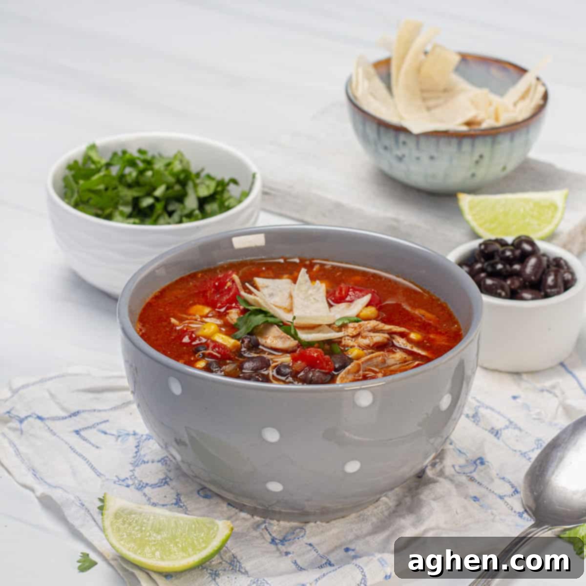 Speedy Skinny Chicken Tortilla Soup 2 A vibrant bowl of chicken tortilla soup, garnished with fresh lime wedges, cilantro, and golden tortilla strips, with all main ingredients displayed alongside.
