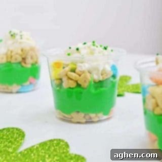 Shamrock Lucky Charms Parfaits 11 Close-up of a festive St. Patrick's Day Pudding Parfait, perfect for a quick and easy dessert.