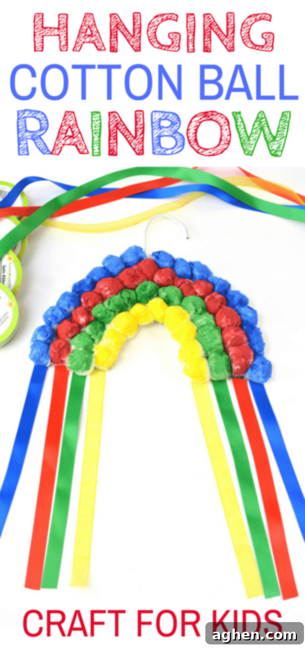 Pinterest graphic for a DIY Hanging Cotton Ball Rainbow Craft tutorial.