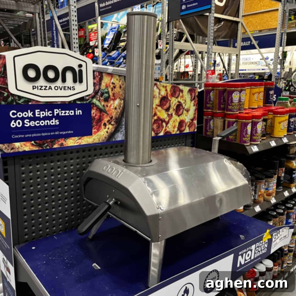 An Ooni pizza oven on display in a modern outdoor setting, ready for use.