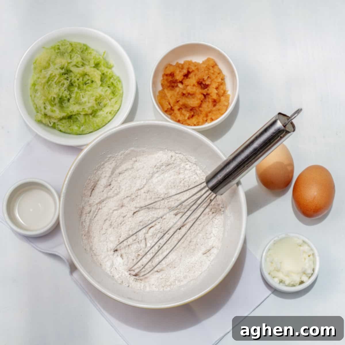 Irresistible Holiday Cinnamon Muffins 4 Eggs, grated apples, stevia, melted coconut oil, and vanilla extract prepared to be whisked.