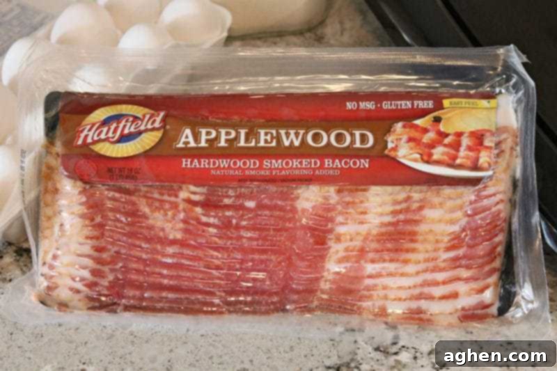 Package of Hatfield Applewood Hardwood Smoked Bacon, the key ingredient for these savory maple bacon muffins.