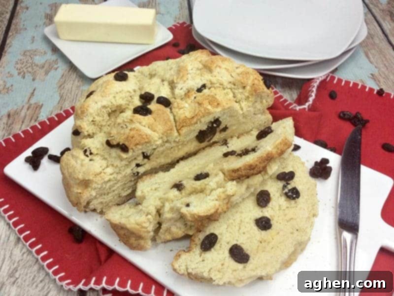 You will love this quick and easy Irish Soda Bread with Raisins recipe made with flour, baking soda, salt, sugar, egg, butter, buttermilk, and raisins for St. Patrick's Day or any time of year!