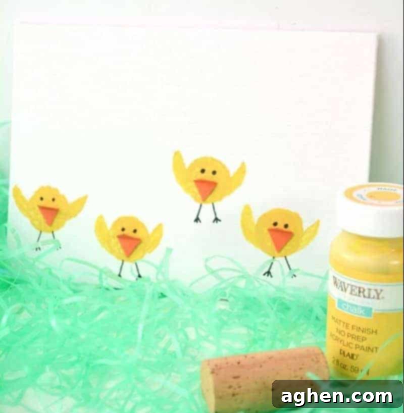 Kids' art project featuring cute baby chicks created by stamping wine corks in yellow paint. Ideal for Easter season fun.