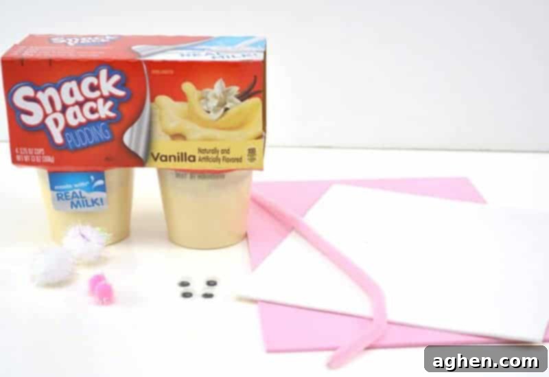 Materials for Easter Bunny Pudding Cups - craft foam, googly eyes, pom poms, and pipe cleaners.