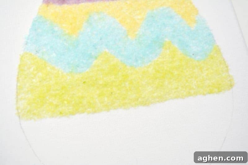 A partially completed salt glitter Easter egg canvas with multiple colored sections.