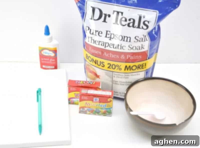 Essential supplies for making homemade salt glitter and an Easter egg canvas: Epsom salt, food coloring, glue, canvas, pencil, bowl, and spoon.