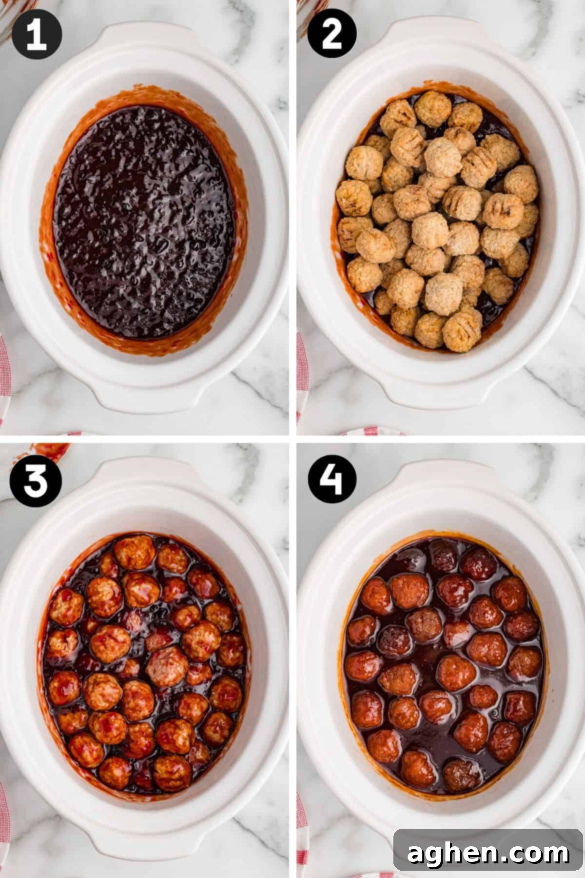A four-step collage of crockpot meatballs cooking in barbecue sauce and grape jelly. Steps show sauce in crock pot, frozen meatballs added, ingredients stirred, and the final heated BBQ meatballs. 