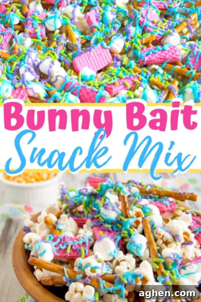 Bunny Bait Easter Snack Mix, a perfect sweet and salty treat for Easter parties, featured with pastel sprinkles.