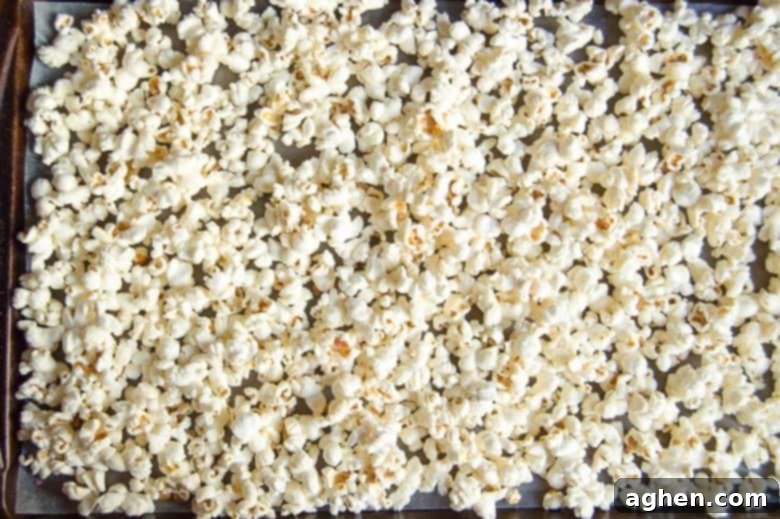 Plain popcorn spread evenly on a parchment-lined baking sheet.