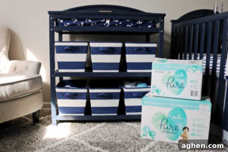 Changing pad placed securely on top of a dresser, with a diaper caddy nearby