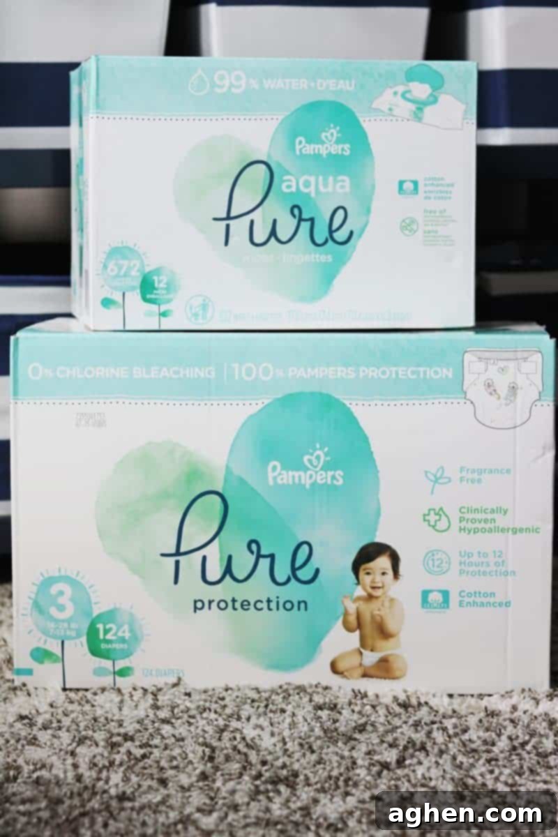Close-up shot of Pampers Pure Protection diapers and Pampers Aqua Pure wipes
