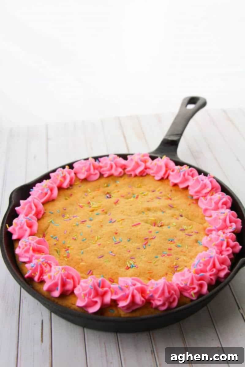 A close-up shot of the un-frosted cast iron skillet sugar cookie, showcasing its beautiful golden-brown texture and the colorful rainbow sprinkles mixed into the dough, hinting at its delicious chewiness.