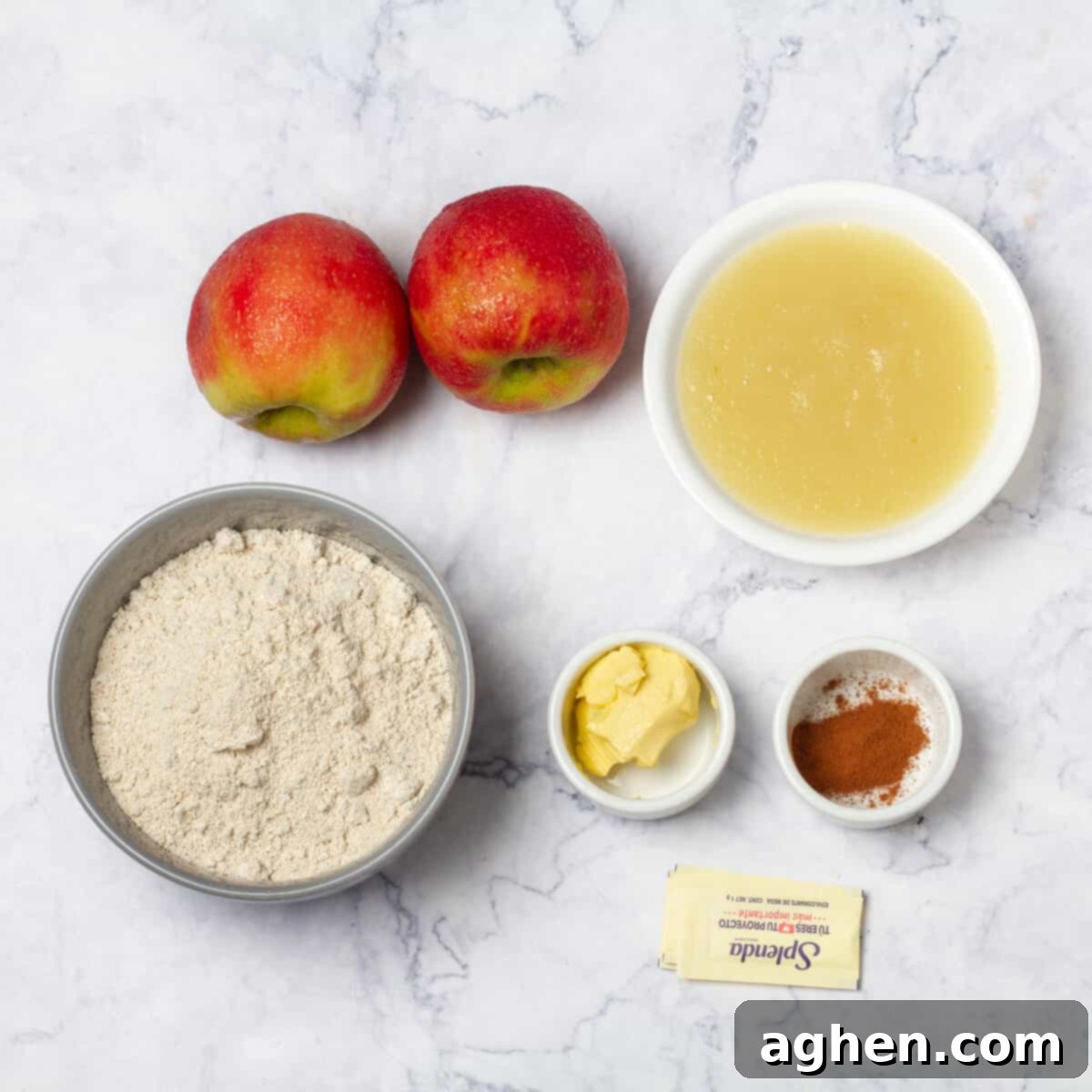 Weight Watchers Approved Apple Pie Indulgence 3 Ingredients of apples, oat flour, butter, sweetener, and spices in separate dishes.