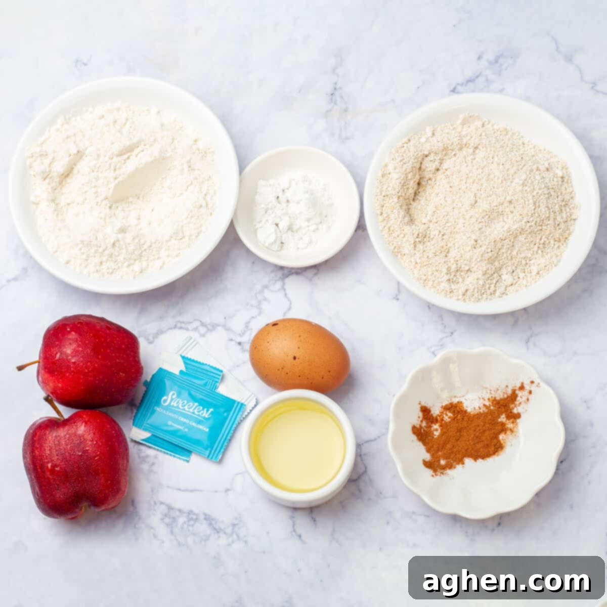 Guilt-Free Weight Watchers Apple Muffins 3 Apples, whole wheat flour, rolled oats, sweetener, oil, and spices in separate dishes.
