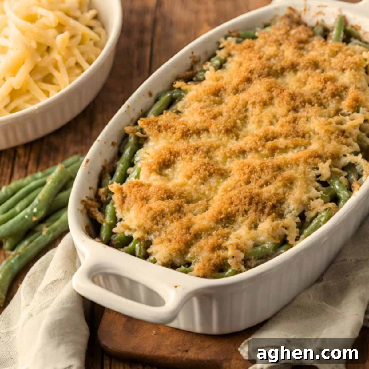 Guilt-Free Green Bean Casserole 2 weight watchers friendly green bean casserole in white casserole dish
