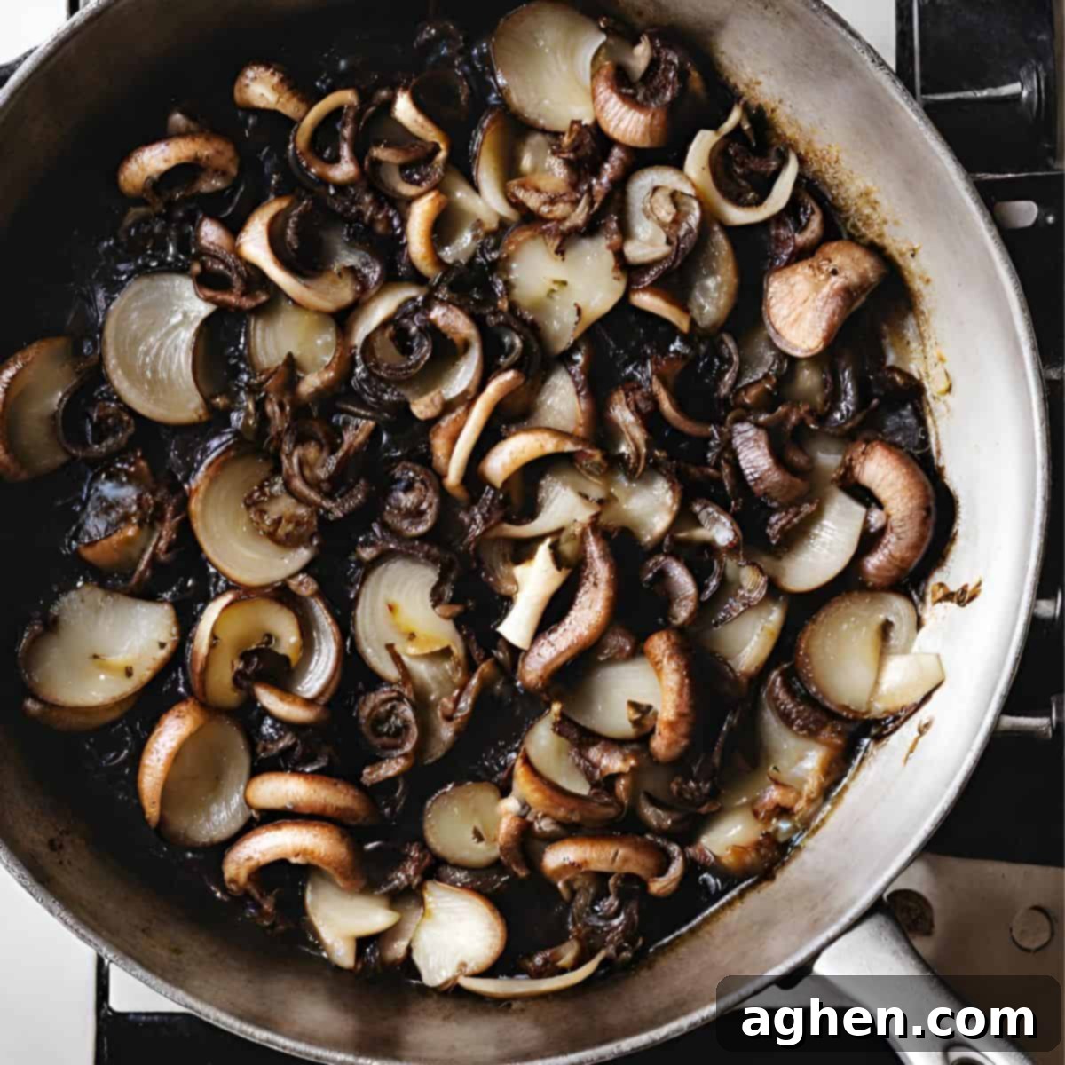 Guilt-Free Green Bean Casserole 4 mushrooms and onions sauteeing in pan