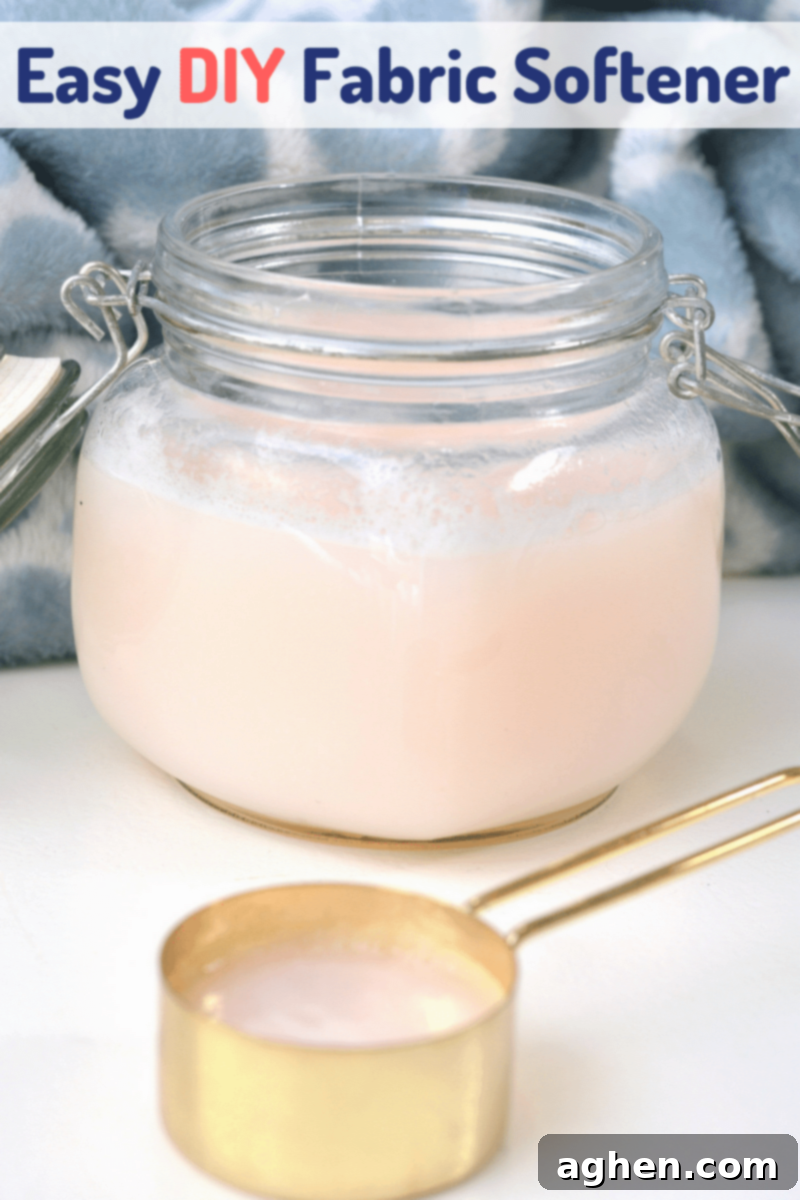 DIY Fabric Softener with Conditioner - Pin for later. A full jar of homemade fabric softener with a caption, perfect for sharing on Pinterest.