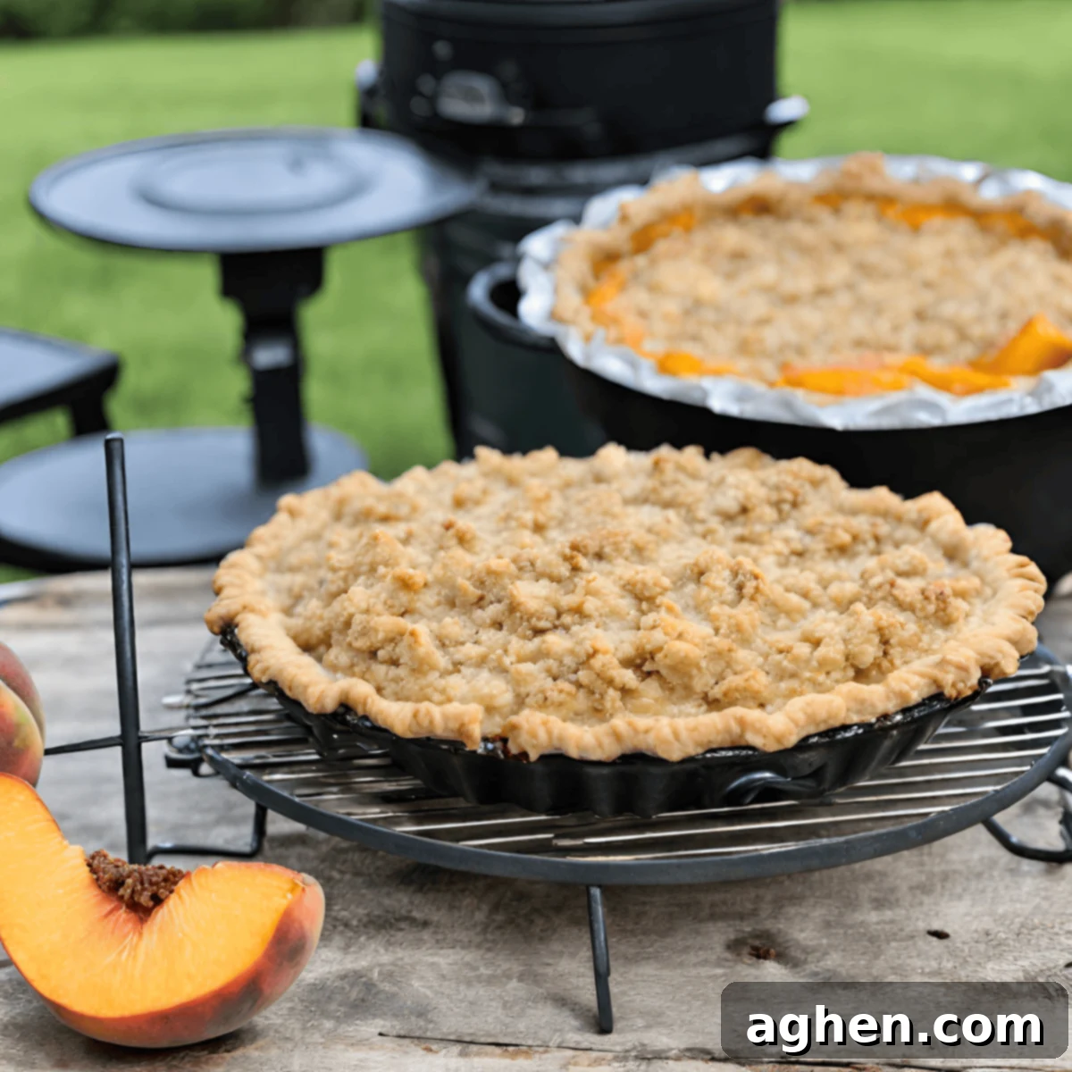 Maple Bourbon Peach Pie on cooling rack in front of Big Green Egg Grill
