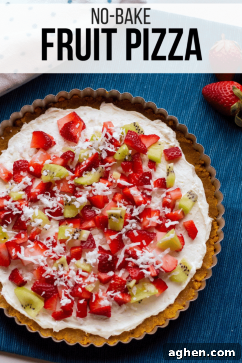 A Pinterest-optimized vertical image showing a delicious no-bake fruit pizza, perfect for pinning to save the recipe.