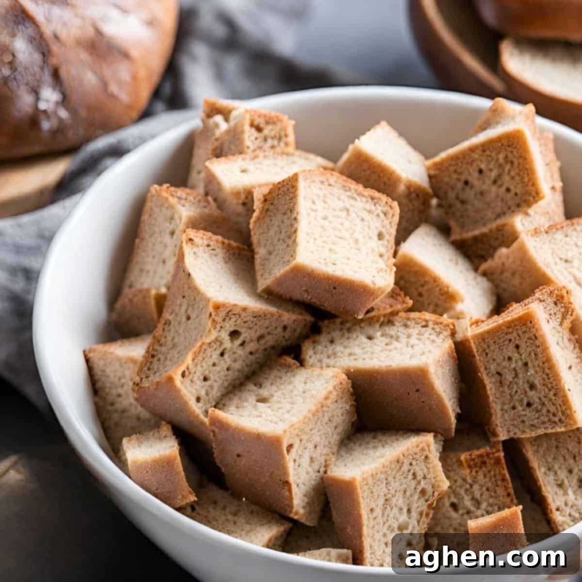 Guilt-Free Holiday French Toast Casserole 6 Whole wheat bread cut into even cubes in a white bowl, ready for French Toast Casserole
