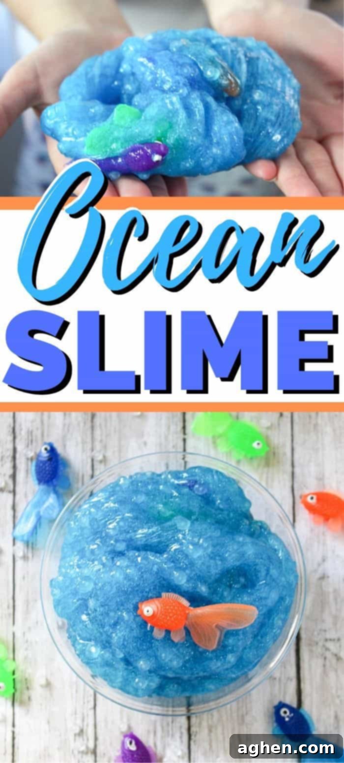 Pinterest graphic featuring the borax-free blue glittery ocean slime with plastic fish and text 'DIY Ocean Slime - Borax Free - Under the Sea Sensory Activity for Kids'