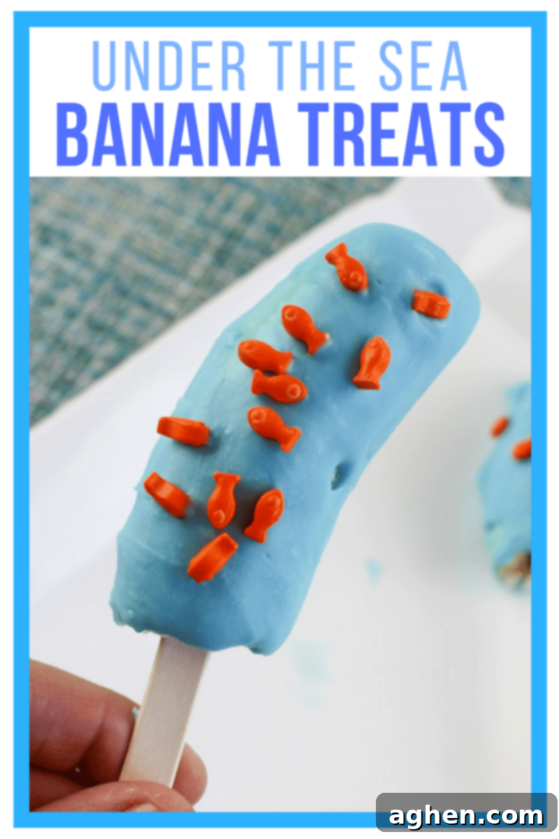Pinterest pin graphic for Under the Sea Banana Treats, showing multiple blue chocolate-covered bananas with fish sprinkles on a platter.