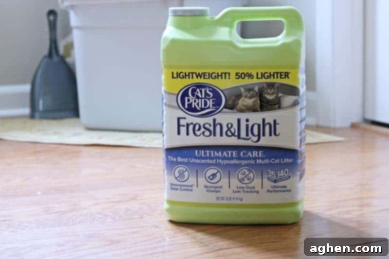 Close-up of Cat's Pride Fresh & Light Ultimate Care Cat Litter jug, highlighting the brand's commitment to quality and giving back.