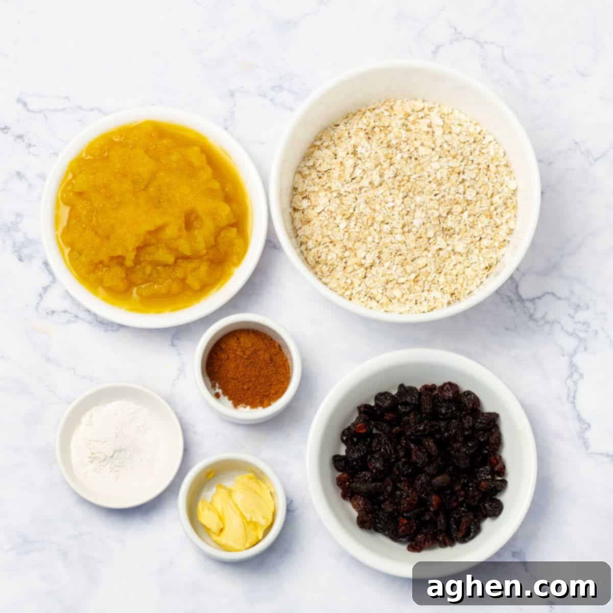 Ingredients of oats, pumpkin puree, cinnamon, raisins, butter, and stevia in separate dishes.