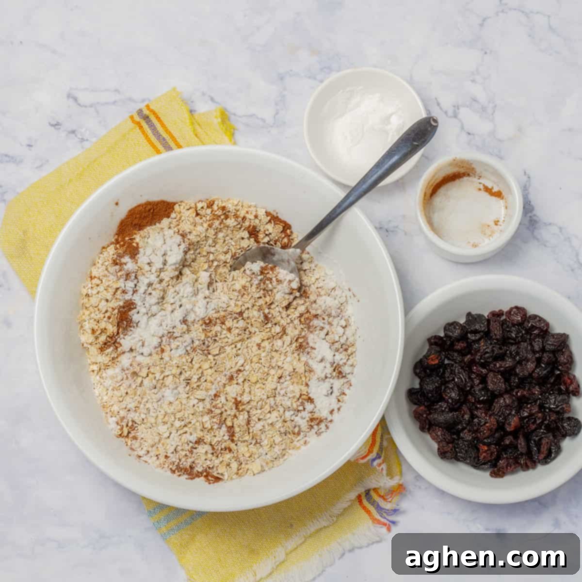 Mix all the dry ingredients, minus the raisins. 