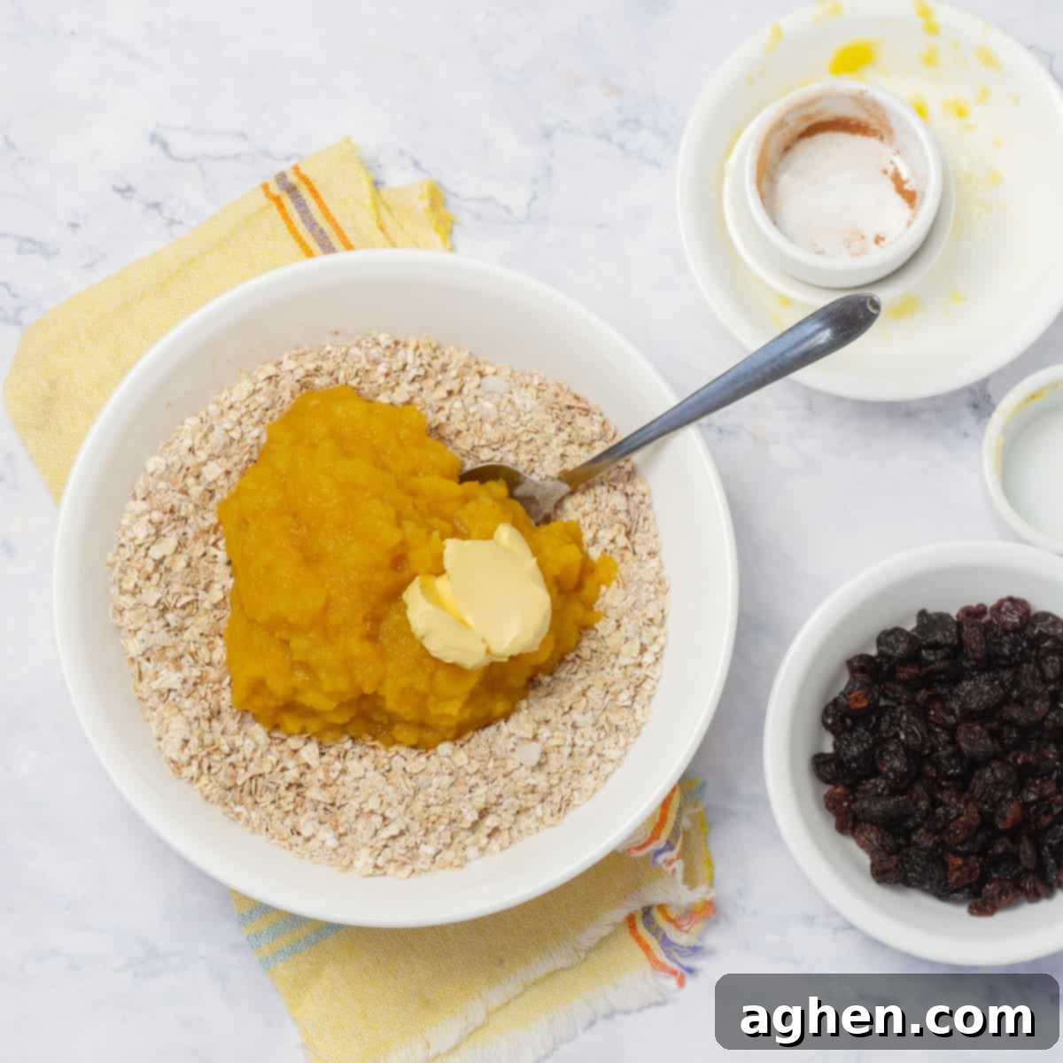 Slowly incorporate the pumpkin and butter into the dry ingredients. 