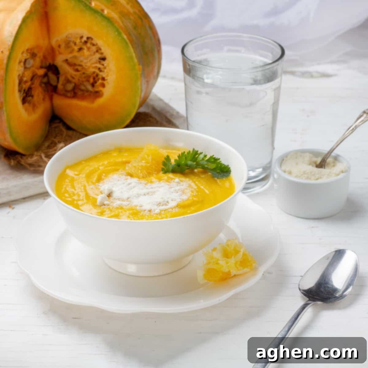 Zesty 1 Point Pumpkin Orange Soup 2 Sweet and creamy Pumpkin and Orange Soup garnished with fresh orange slices and a swirl of cream, ready to serve.