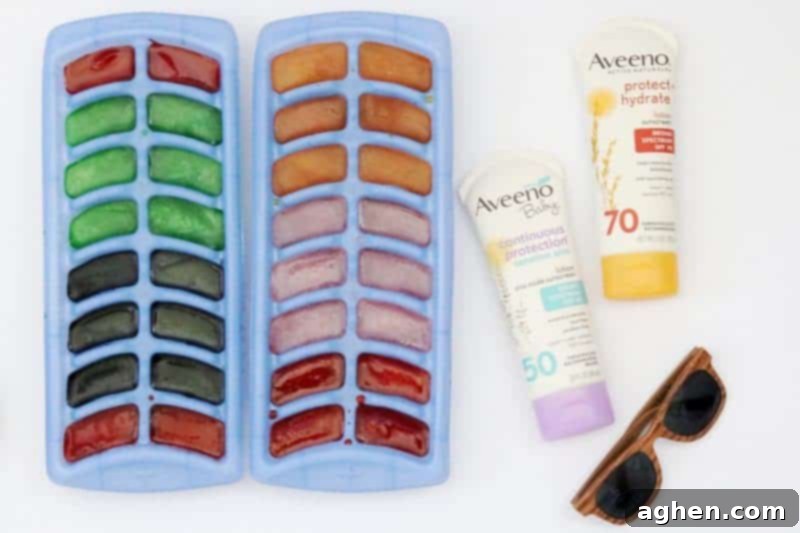 A close-up shot of colorful ice cubes, fresh from the freezer, ready for a fun outdoor play activity for curious little hands.
