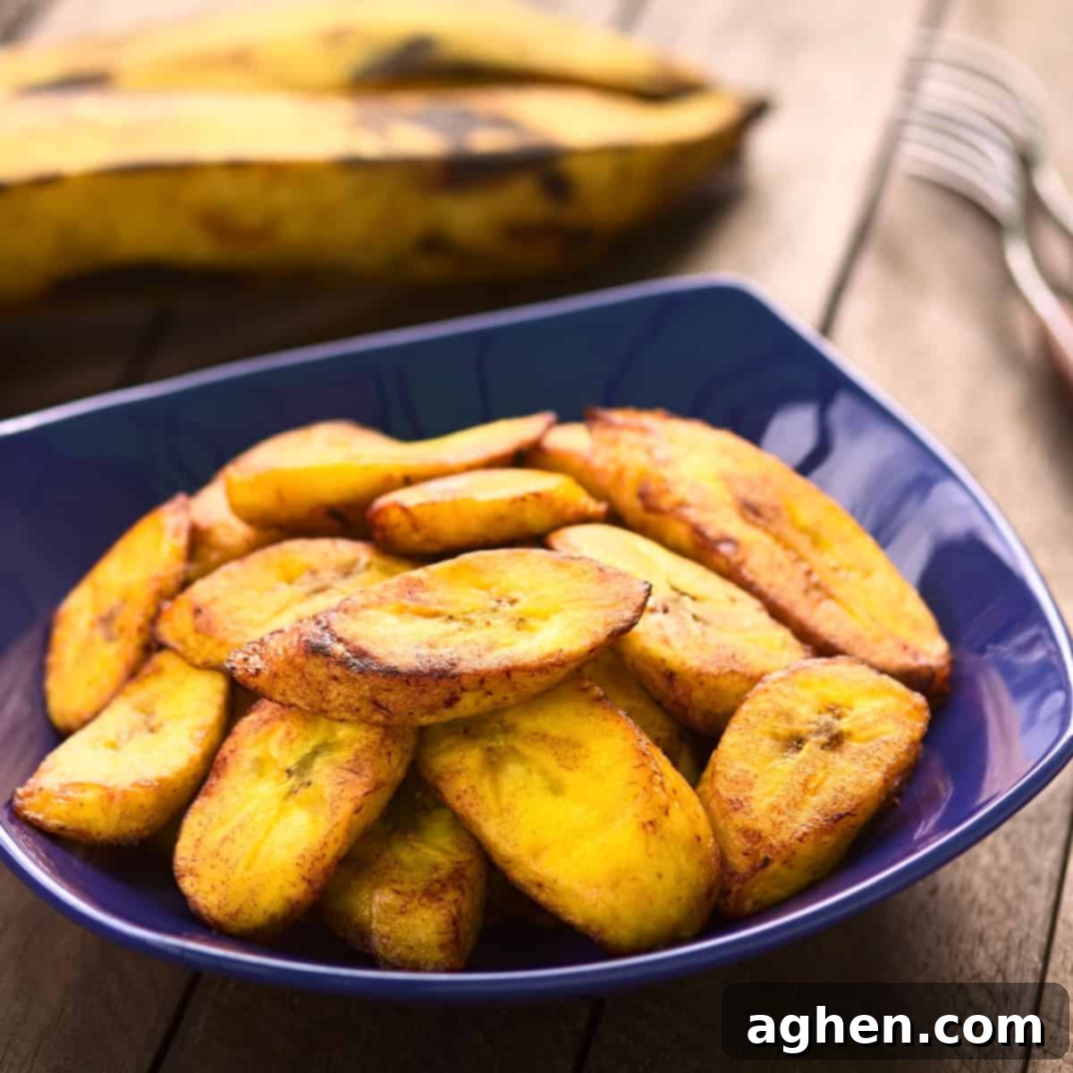 fried plantains in blue bowl