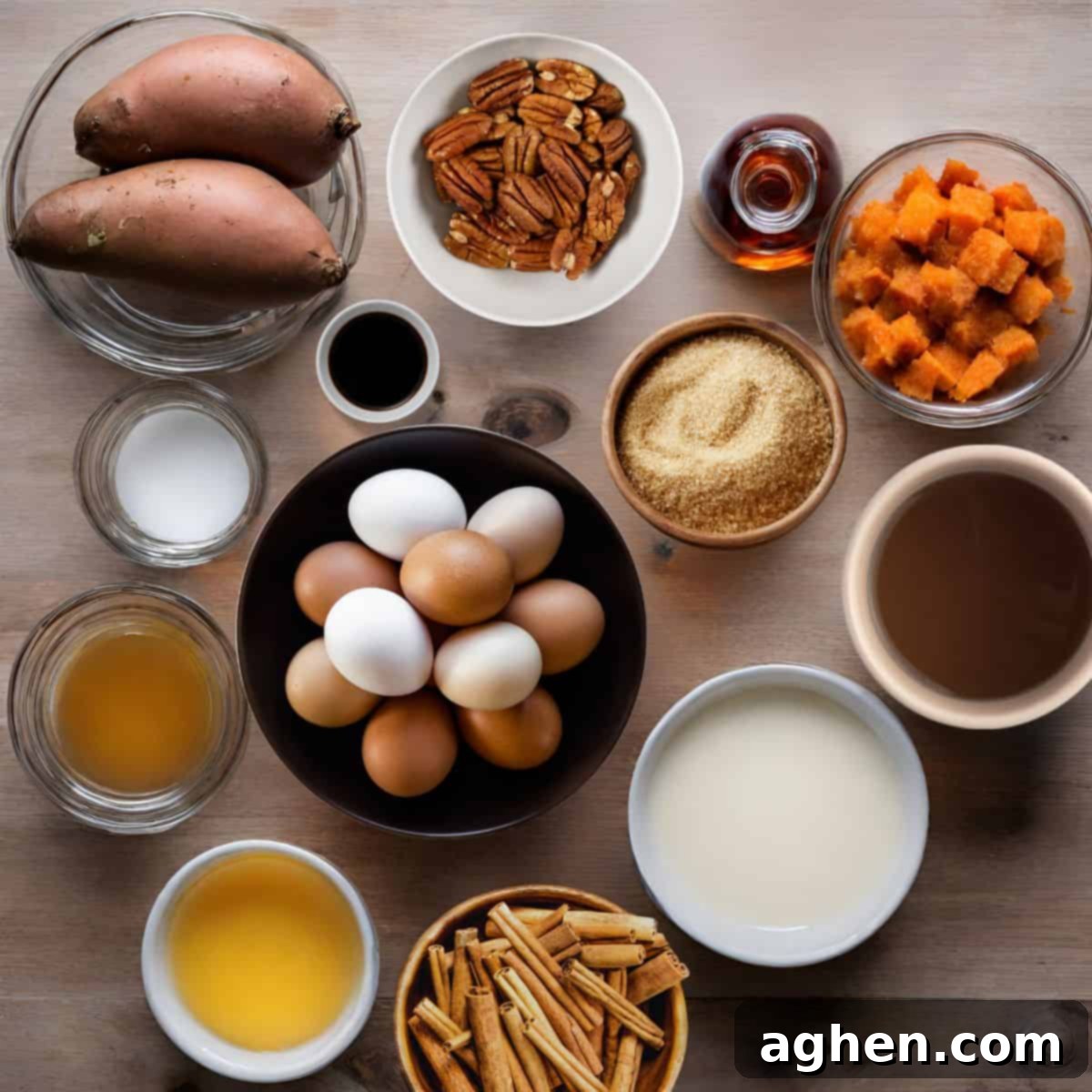Ingredients for sweet potato casserole on wooden cutting board, including pecans, spices, and liquid ingredients