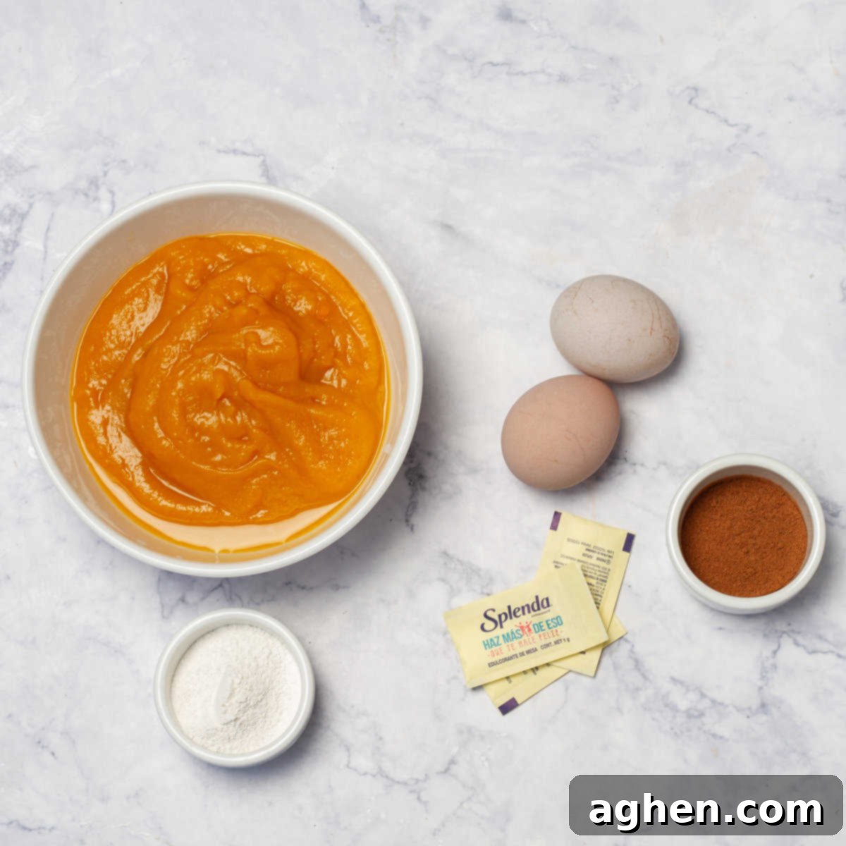 Guilt-Free Pumpkin Cake for Weight Watchers 3 A visual display of the simple ingredients needed for Skinny Pumpkin Cake: pumpkin puree, eggs, stevia, and cinnamon, arranged neatly for clarity.