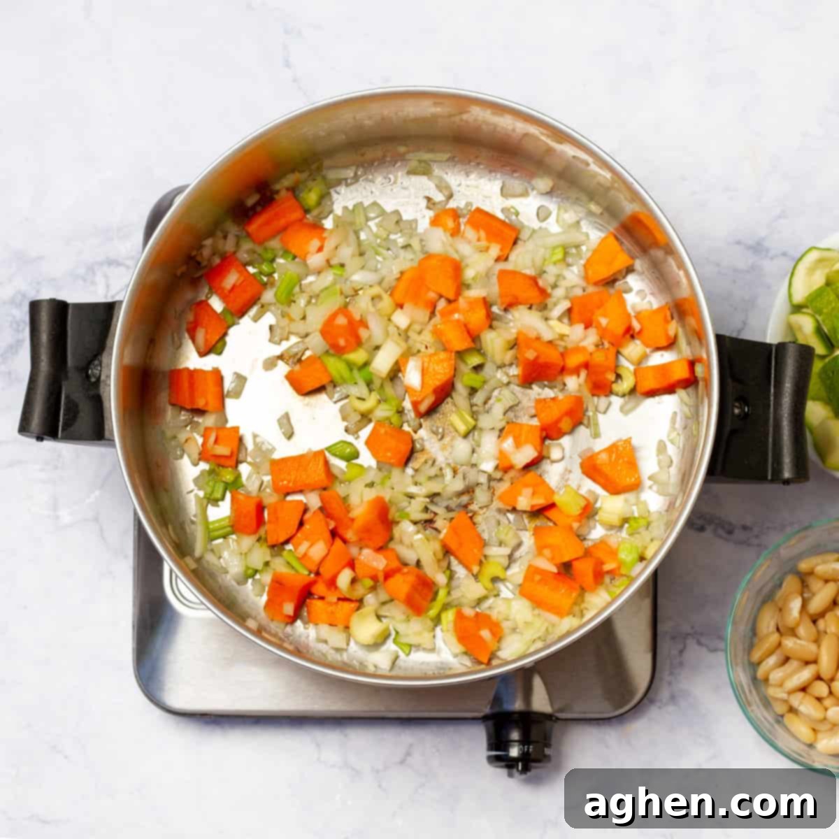 Zero Point Minestrone: Your Cozy, Guilt-Free Chilly Day Essential 4 Ingredients for Minestrone Soup being sautéed in a pot.