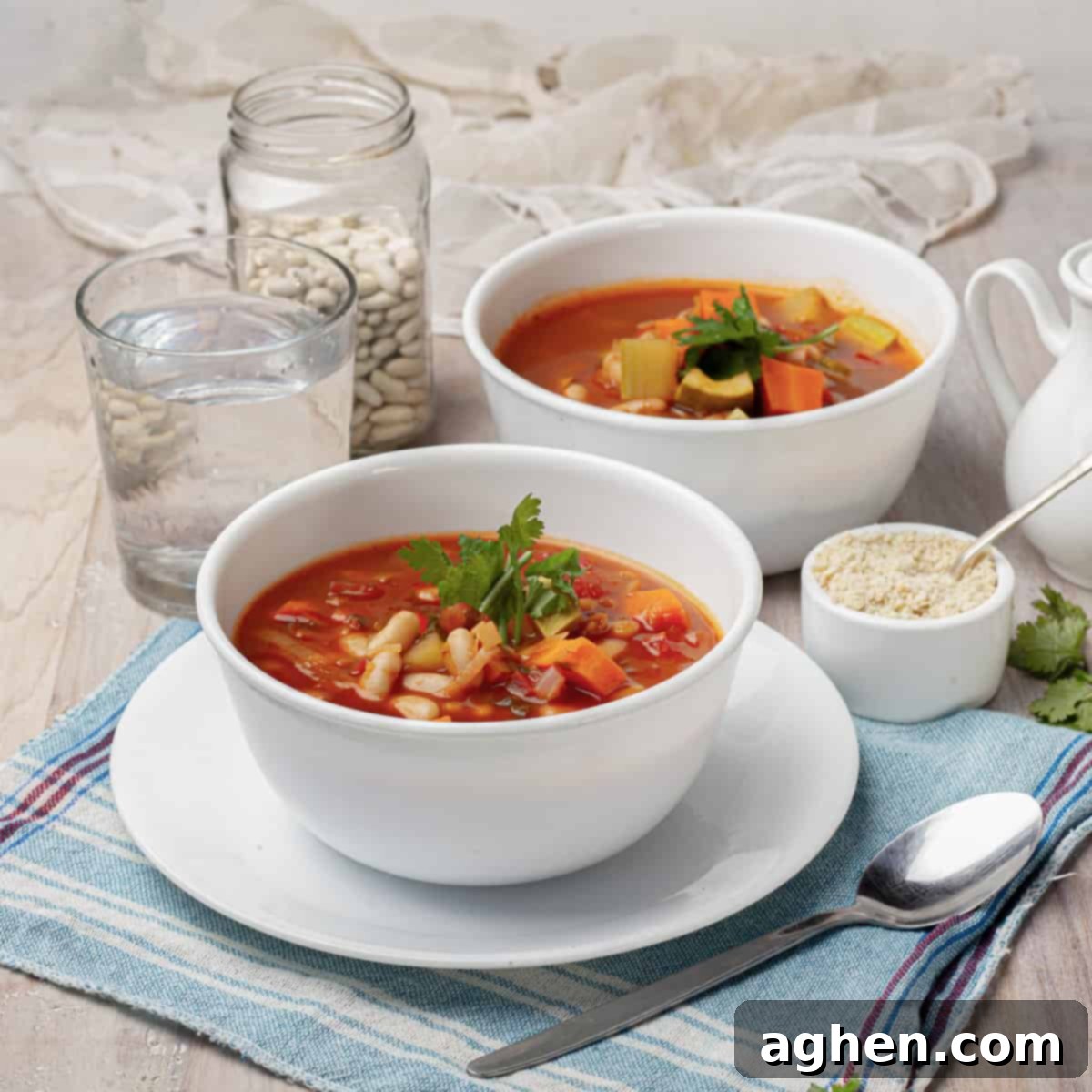 Zero Point Minestrone: Your Cozy, Guilt-Free Chilly Day Essential 7 Two cozy bowls of Minestrone Soup ready to be enjoyed.