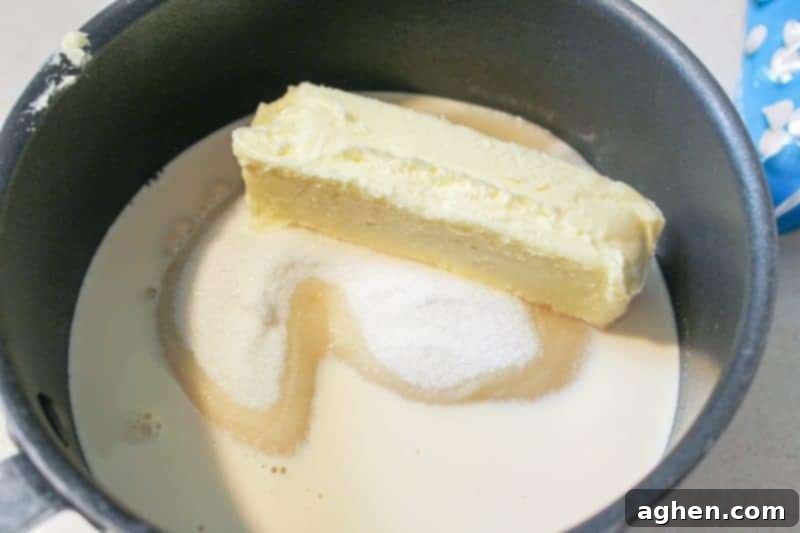 Step 1: Sugar, butter, and evaporated milk are brought to a boil in a saucepan for the Red White and Blue Fudge base.