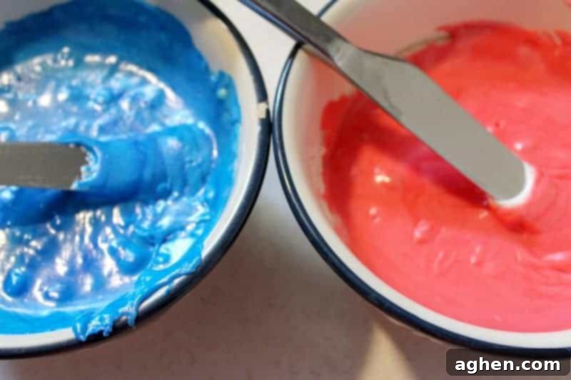 Step 3: The fudge mixture is divided into three bowls – one for blue, one for red, and one left white, for a patriotic fudge.