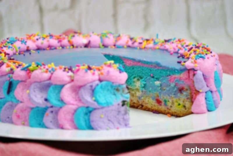 Unicorn Cheesecake Recipe: Features vibrant layers of funfetti cake, colorful cheesecake, and a whimsical whipped cream topping, ideal for a unicorn party.