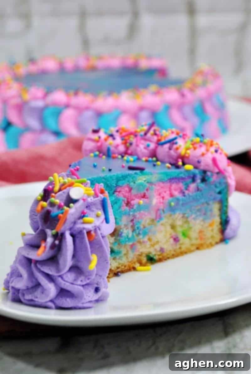 Close-up of a slice of Magical Unicorn Cheesecake, showcasing the beautiful funfetti cake base and layered colorful cheesecake interior.