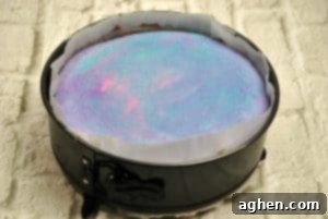 Unicorn Cheesecake baking in a springform pan, showing the funfetti cake base and colorful cheesecake layers.