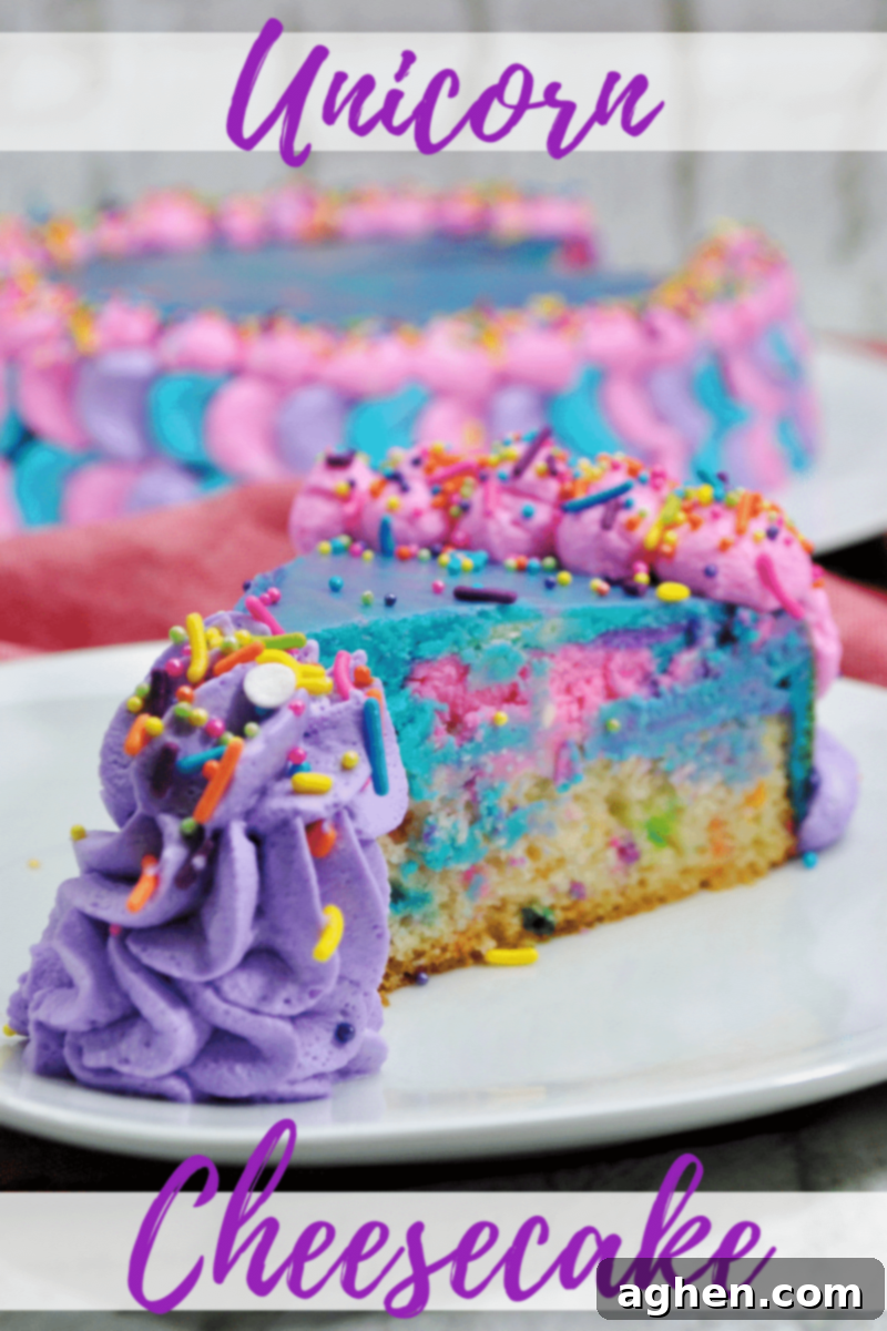 Pin this Unicorn Cheesecake recipe for later, a delicious and visually stunning dessert with funfetti cake, colorful cheesecake, and whipped topping.