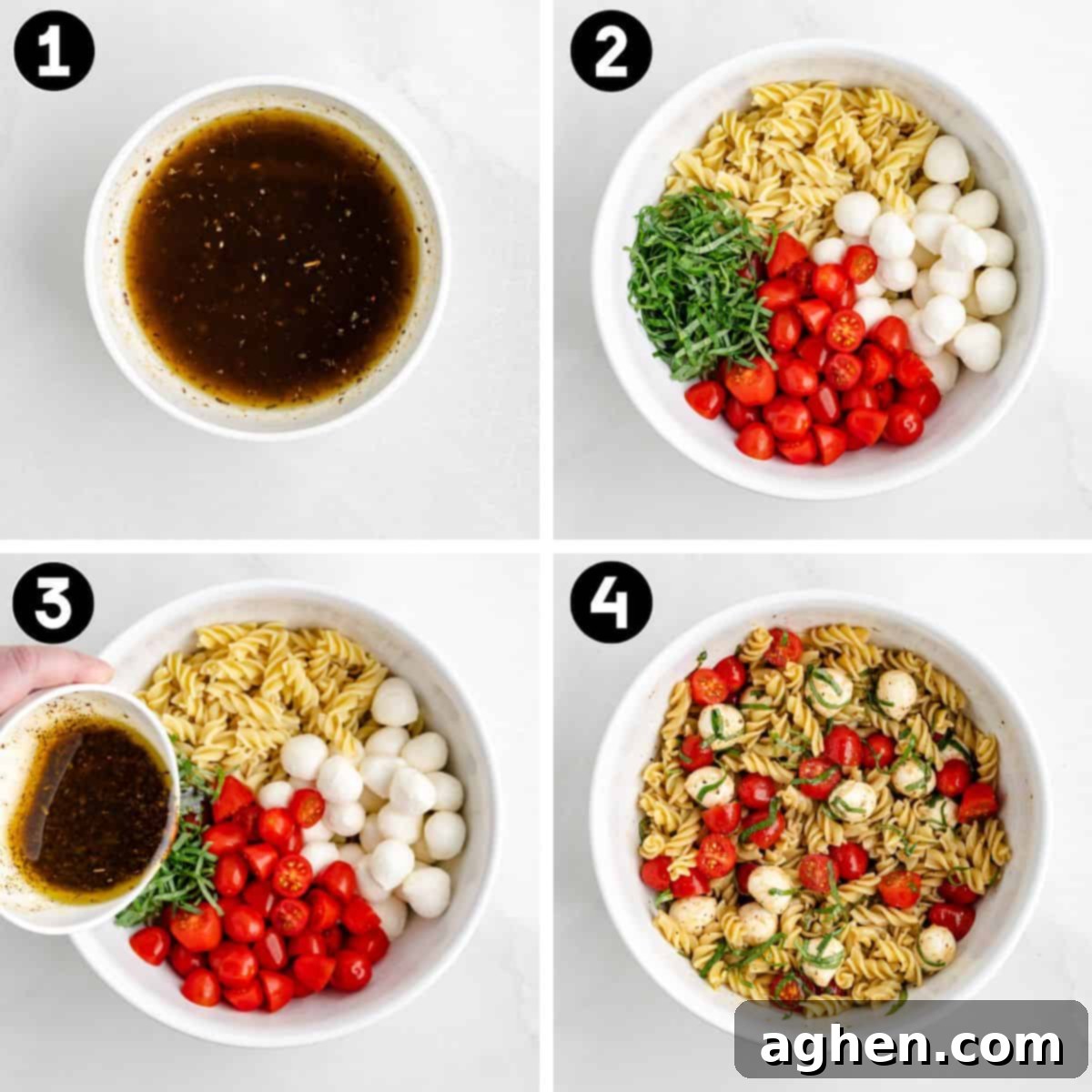 Collage of four steps for making Caprese pasta salad. The first image shows a bowl of vinaigrette dressing. The second displays pasta, mozzarella balls, cherry tomatoes, and basil in a bowl. In the third, the dressing is poured in. The fourth shows the finished, mixed salad.