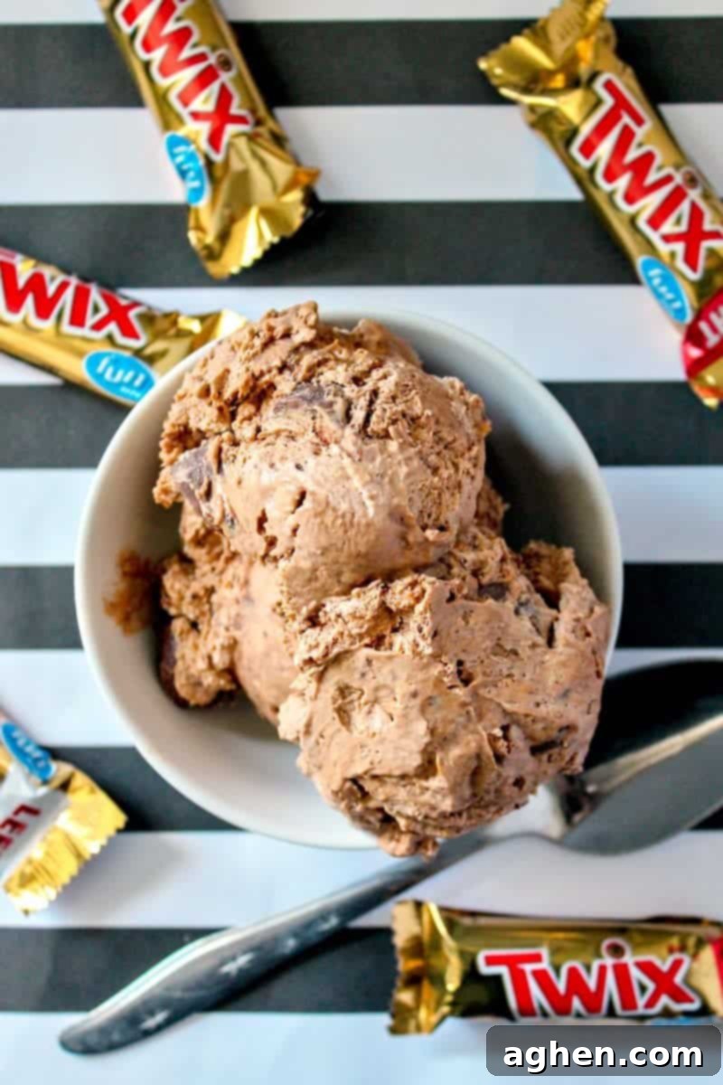 Creamy homemade chocolate twix ice cream is an easy to make indulging frozen treat perfect for summer or anytime of the year.