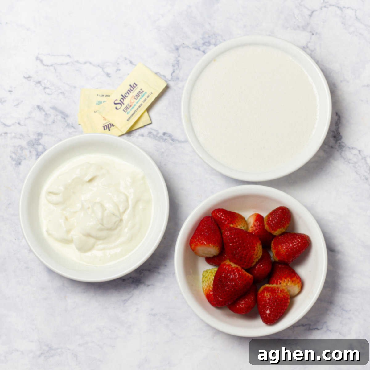 Fresh Ingredients for Strawberry Yogurt Ice Cream: Strawberries, Yogurt, Coconut Milk, Stevia