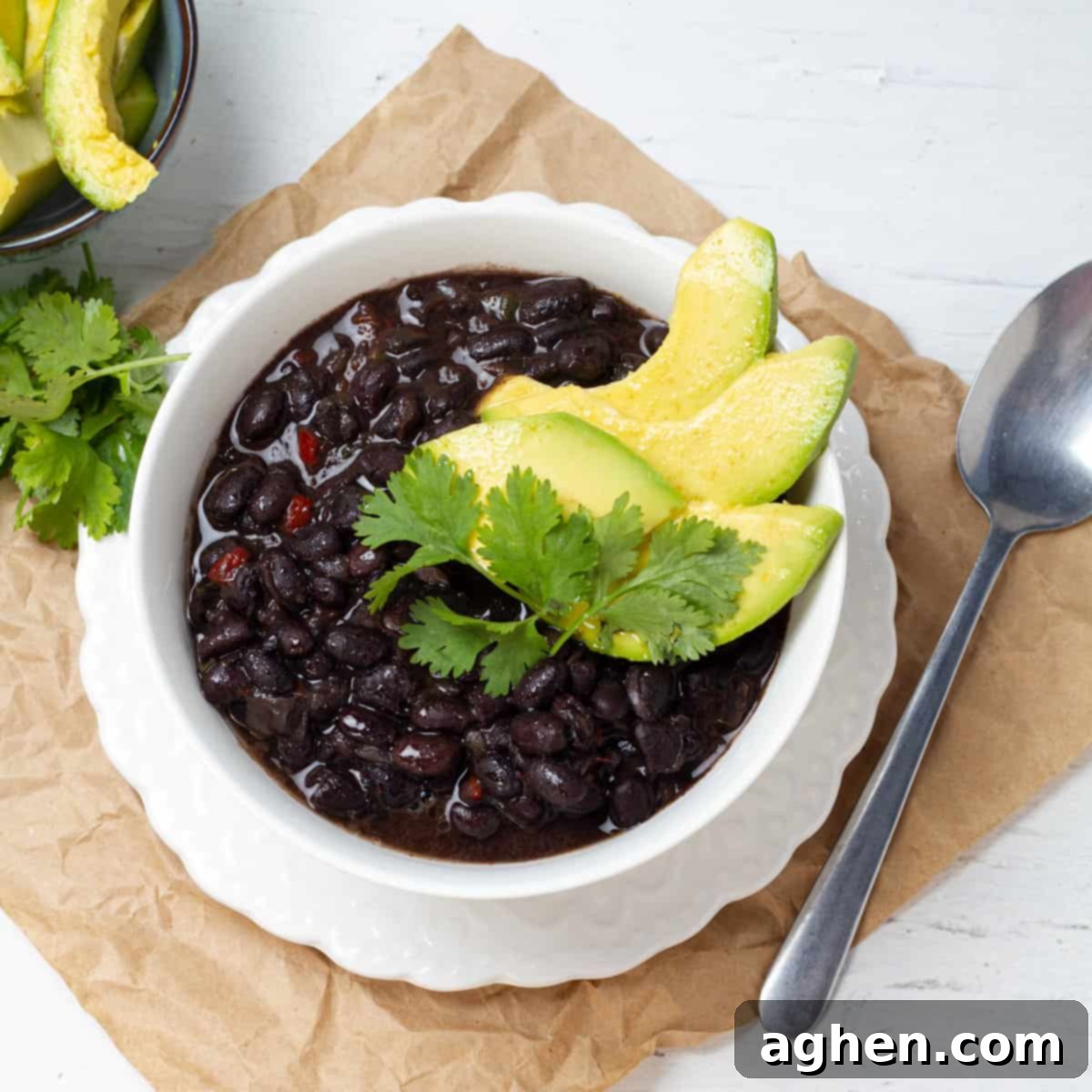 Black Bean Soup served with Avocado dressing